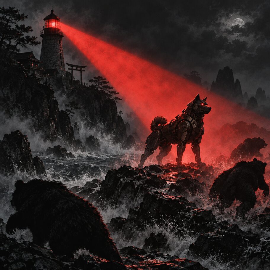 A robot Akita lit by a lighthouse beam while bears close in on the rocks