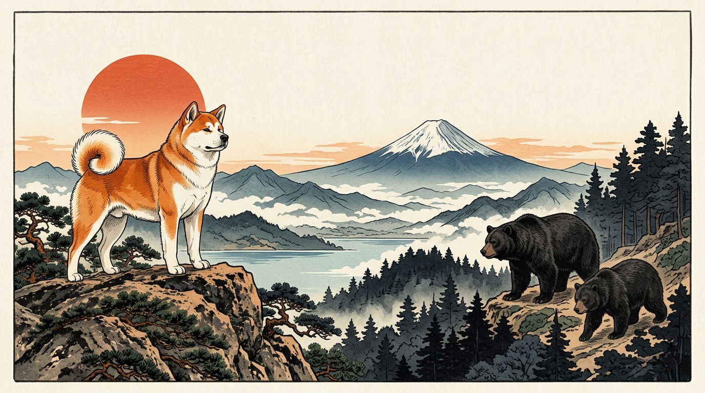 Akita facing two bears beneath the Japanese sun