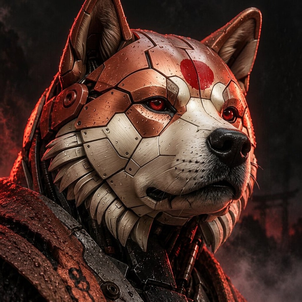 Close-up of the robot Akita face, rain on steel, red eyes glowing
