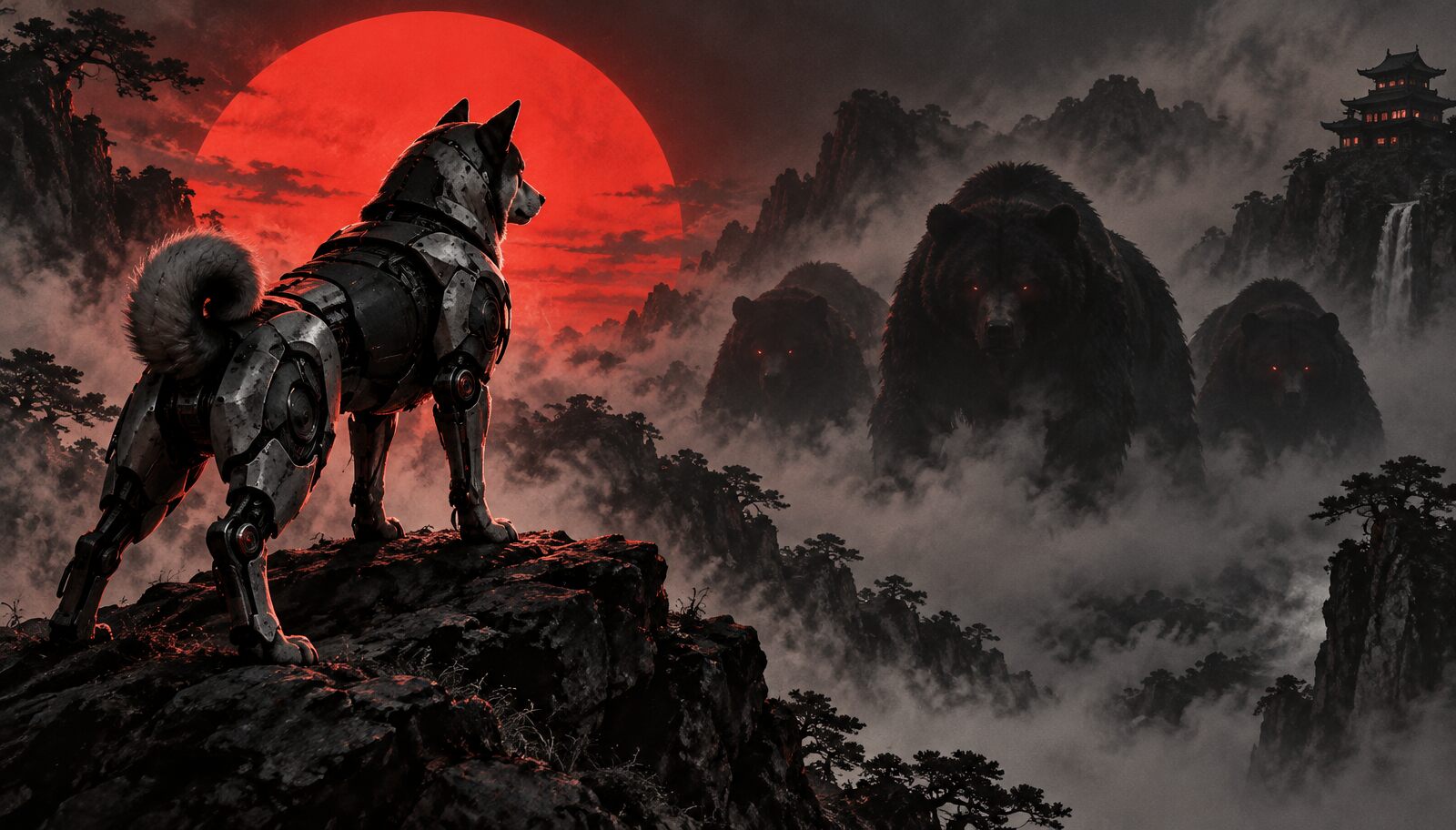 A robot Akita holding a fog-bound mountain ridge against a pack of bears beneath a blood-red sun